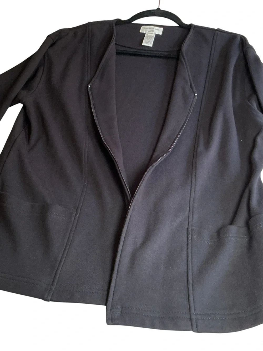 Jones New York Petite Medium Black Cotton Full Zip Knit Jacket Cardigan Pockets